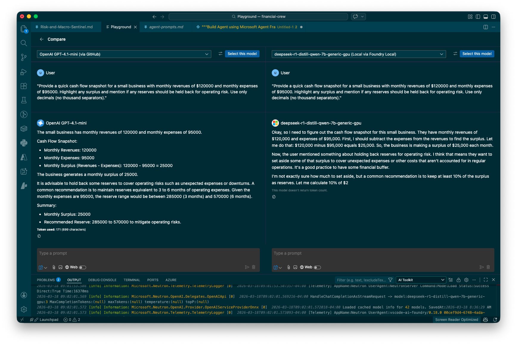 AI Toolkit Compare mode showing OpenAI GPT-4.1-mini and DeepSeek R1-distill-qwen-7b responding to the same financial analysis prompt side by side
