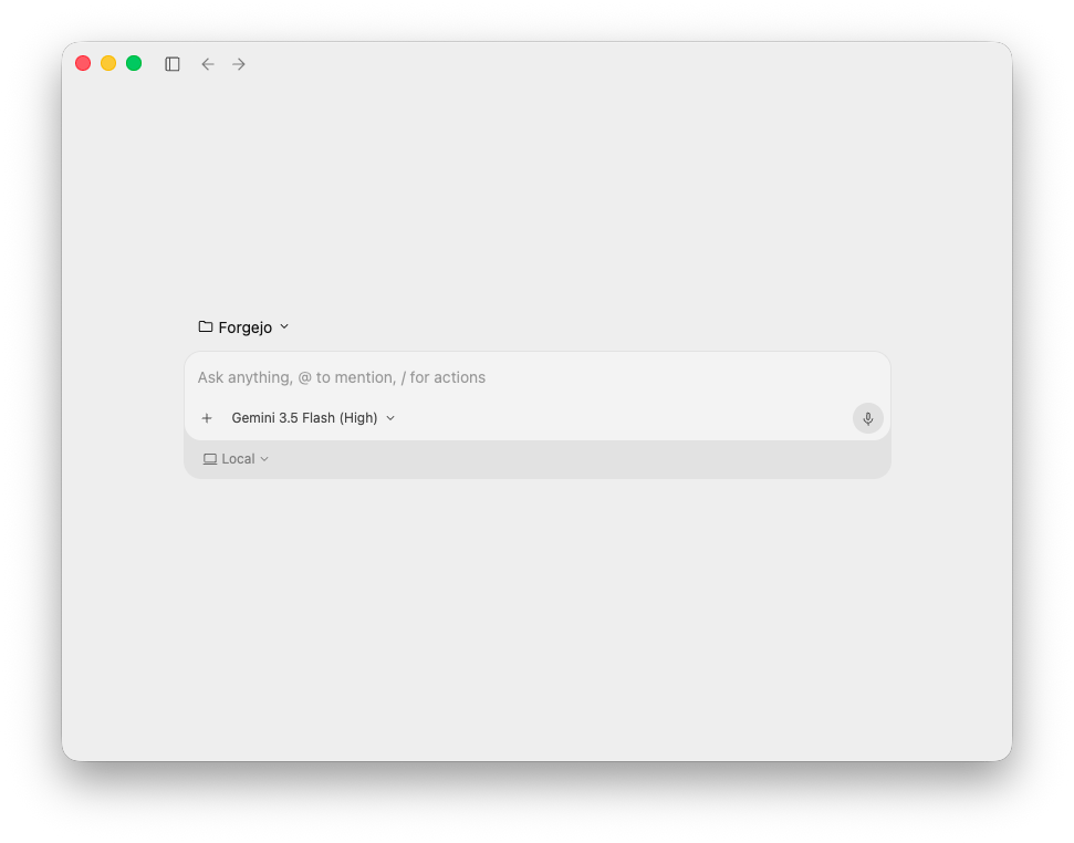 The new Antigravity UI: a near-empty window with a folder picker (Forgejo), a single prompt that reads &ldquo;Ask anything, @ to mention, / for actions&rdquo;, and a model picker showing Gemini 3.5 Flash (High).