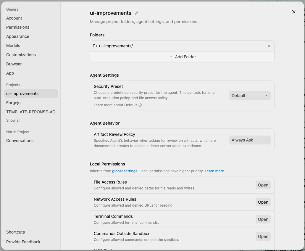 The new Antigravity project settings panel showing tabs for General/Account/Permissions/Appearance/Models/Customizations/Browser/App, a list of projects (ui-improvements, Forgejo, TEMPLATE-REPONSE-AO), a Security Preset (Default), an Artifact Review Policy (Always Ask), and Local Permissions rows for File Access Rules, Network Access Rules, Terminal Commands, and Commands Outside Sandbox.